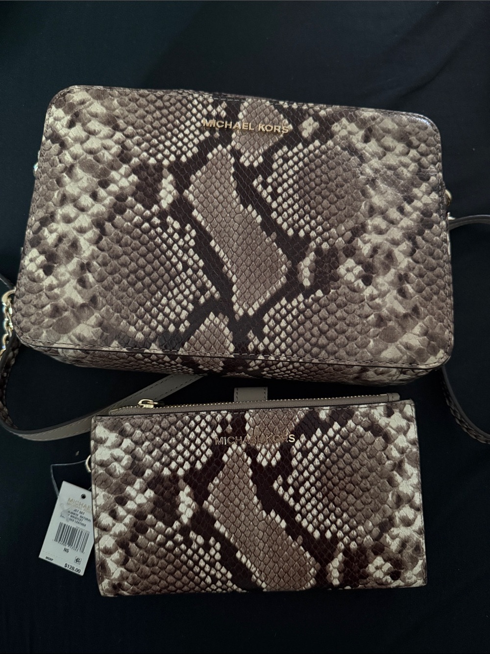 Michael Kors Taupe & Dark Brown Snake-Print Crossbody with Wallet Set